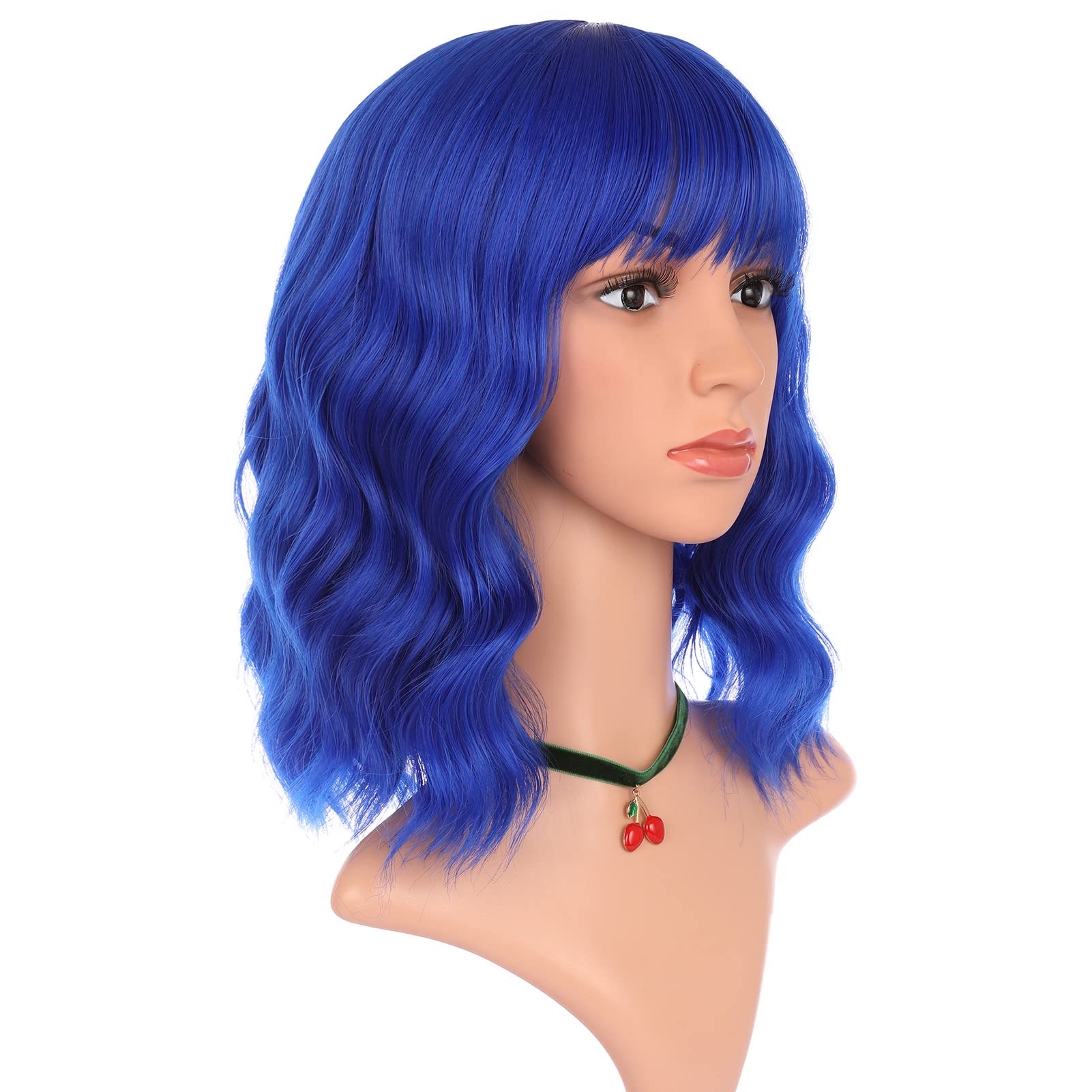 Photo 1 of eNilecor Dark Blue Wig Short Colored Curly Wavy Synthetic Bob Wigs with Air Bangs 14" Natural Wigs for Party Cosplay Fun Colorful Wigs for Women