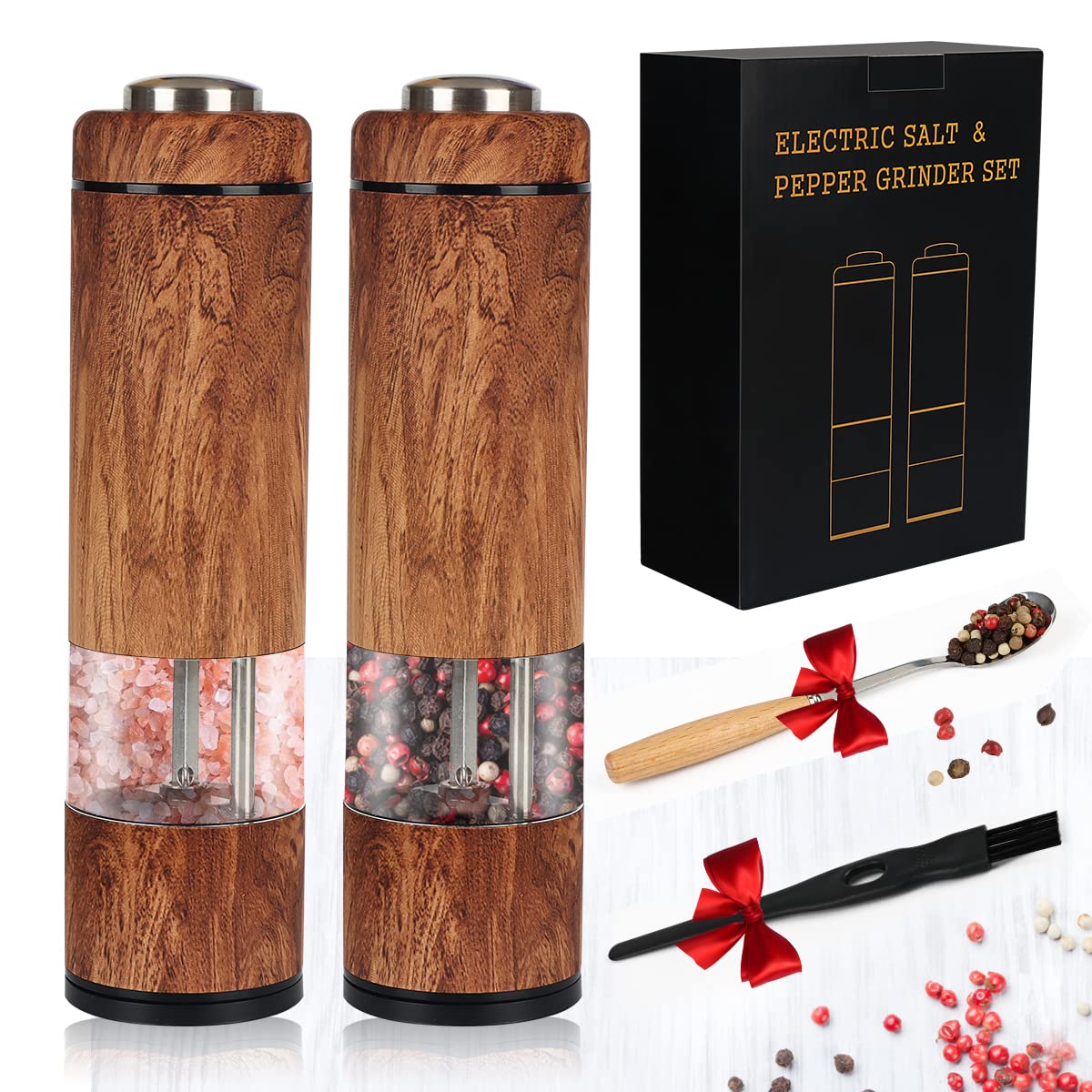 Photo 1 of Electric Salt and Pepper Grinder Set, Battery Operated Pepper Grinder with LED Light, One Handed Operation, Adjustable Coarseness, Slat and Pepper Shakers Set Electric (Wood Grain)