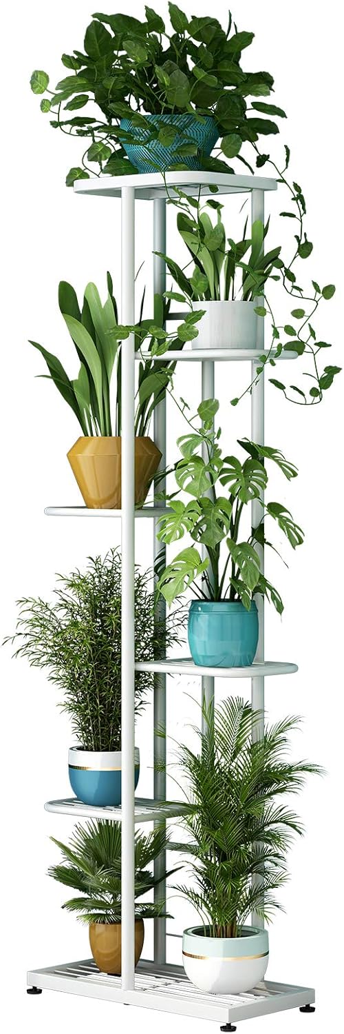 Metal 6 Tier 7 Potted Plant Stand Multiple Flower Pot Holder Shelves Planter Rack Storage Organizer Display for Indoor Outdoor Garden Balcony (6 Tier 7 Potted, White)