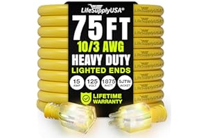 75ft Outdoor/Indoor Extension Cord 10/3 Gauge Ultra Heavy Duty 3 Prong SJTW, Waterproof, Flexible Cold-Resistant Long Power Cord,15A 125V 1875W, Yellow by LifeSupplyUSA