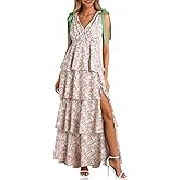 Wenrine Womens Summer Floral Maxi Dress Tie Strap Sleeveless V Neck High Slit Boho Ruffle Tiered Beach Dresses