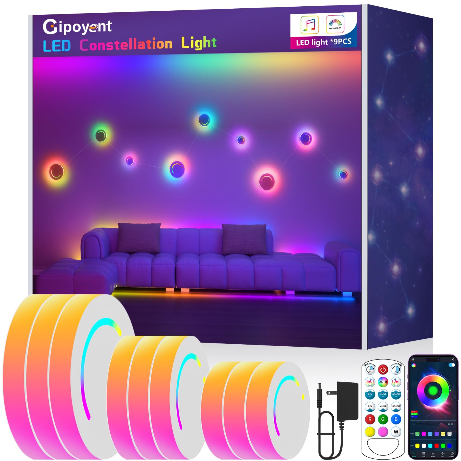 Photo 1 of GIPOYENT Smart Wall Light, 9-Piece LED DIY Constellation Light, RGB Color Changing, Music Sync, App & Remote Control, Ambient Lighting for Bedroom, Living Room, Gaming, and Home Decor