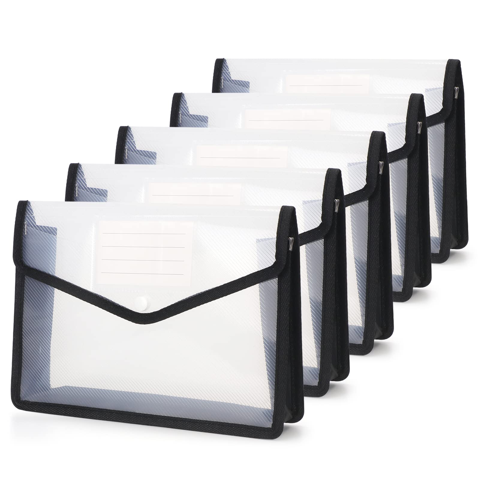 WWW A5 Plastic File Folders,A5 Envelope Expanding File Wallet Document Organizer with Snap Closure & Label Pocket,Waterproof File Pouch(5 Pack -Black)