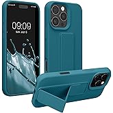 kwmobile Case Compatible with Apple iPhone 16 Pro - Case with Hand Strap and Stand Soft TPU Silicone Coating - Teal Matte