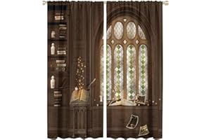 QIONGHAILUANNANSHANGMAOYOUXIANGONGSI Gothic Blackout Windows Curtains, Room for Study in The Medieval Library Rod Pocket Curtain, for Living Room Bedroom 42x54in 2 Panels