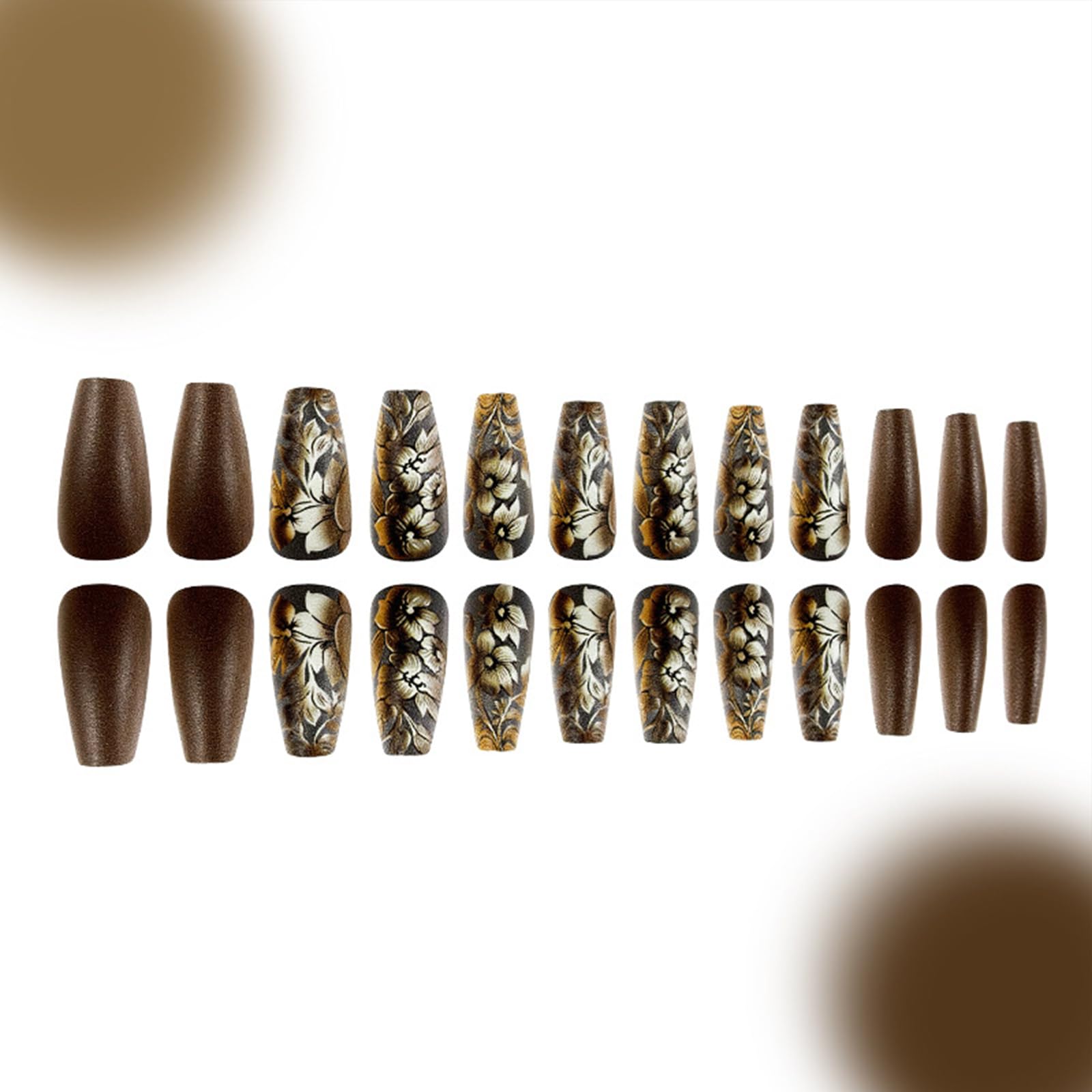 Brown Press on Nails Long Coffin Fake Nails with 3D Gold Embossed Flower Designs Floral Square False Nails Noble Flowers Glue on Nails Luxury Acrylic Artificial Stick on Nails for Women Girls 24Pcs - Image 3