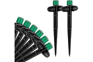 HUISUYTON 30pcs Drip Irrigation Emitters for 1/4" Drip Irrigation Tubing Adjustable 360 Degree Water Flow Drippers on 6.5" Sturdy Stake with Lock Barbed Irrigation Drippers for Watering System