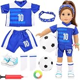 American 18 Inch Girl Doll Sports Outfit 8 Pcs Clothes Accessories Set | Including Blue Soccer Uniform, Football, Shiny Sneakers, Gradient Hair Tie for 18 Inch Girl Dolls