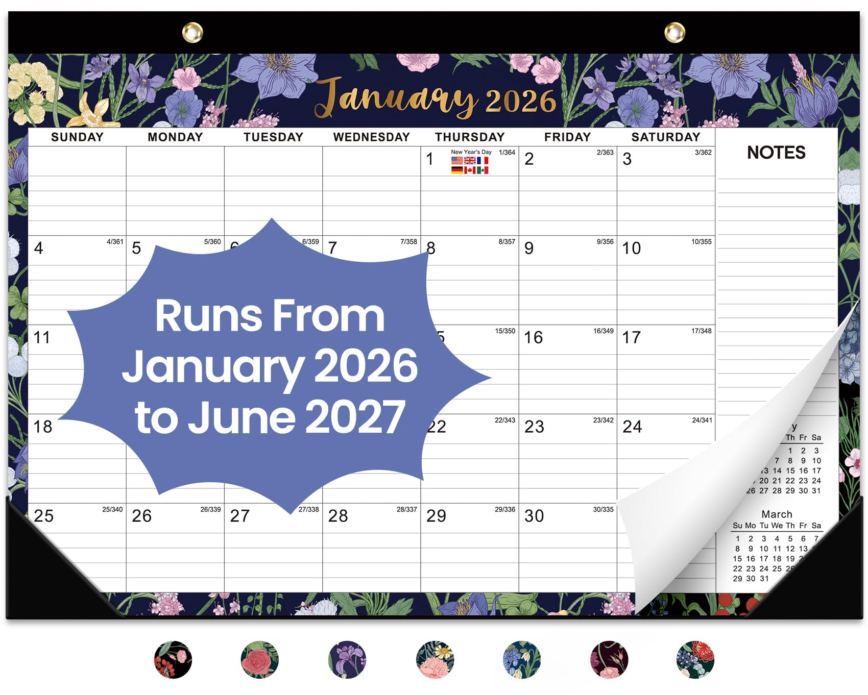 Photo 1 of 2026 Desk Calendar, 18-Month Calendar Runs from January 2026 to June 2027, 17" x 12" Desktop or Wall Calendar, Perfect Monthly Calendar Planner for Home, Office, or School - Midnight Garden