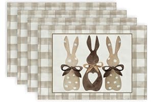 ARKENY Easter Placemats 12x18 Inches Set of 4, Bunny Rabbit Spring Holiday Farmhouse Burlap Buffalo Plaid Indoor Table Mats Decorations for Home