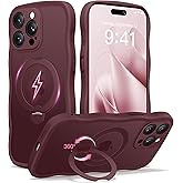CAPRARO for iPhone 15 Pro Case with 360° Spin Magnetic Stand for Women, [Compatible with MagSafe] [Full Camera Protection] Cute Wave Translucent Matte Case for iPhone 15 Pro, Wine Red