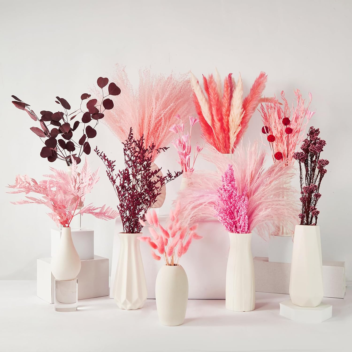 Dried & Preserved Flora - 13 Styles Pampas Grass 17 inch Pink Pampas Grass Decor Tall Natural Dried Flowers Dry Pampas Grass Bulk Bouquets Red Pompous Grass Bunny Tail Grass Boho Wedding Centerpieces Baby Shower Decor 83pcs