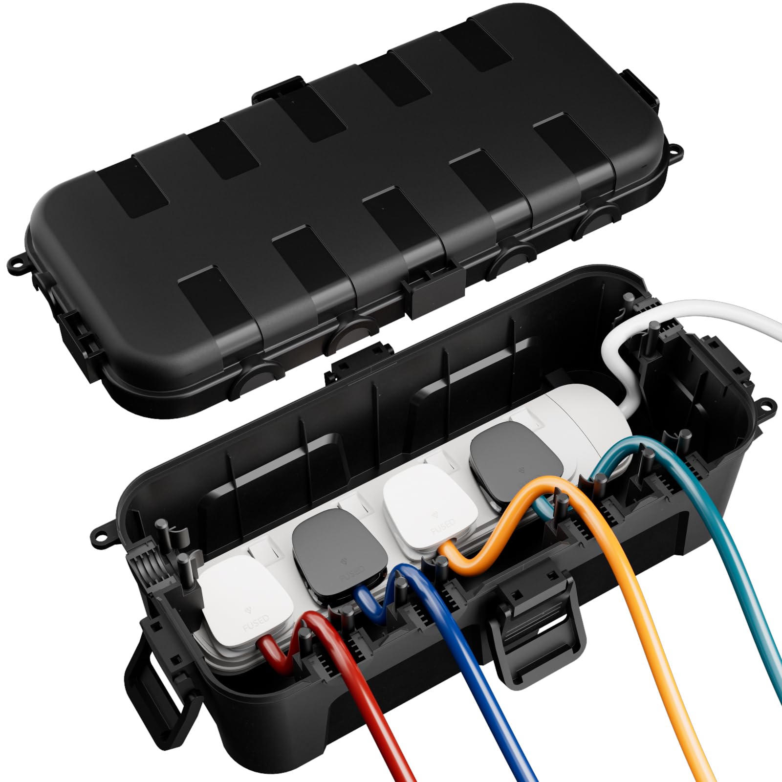 RESTMO IP54 Weatherproof Electrical Box (29 × 13.2 × 10cm), Outdoor Waterproof Box for Multi Plug Extension Lead, Protect Outlet, Plug, Christmas String Lights from Water, Snow, Dust, Black