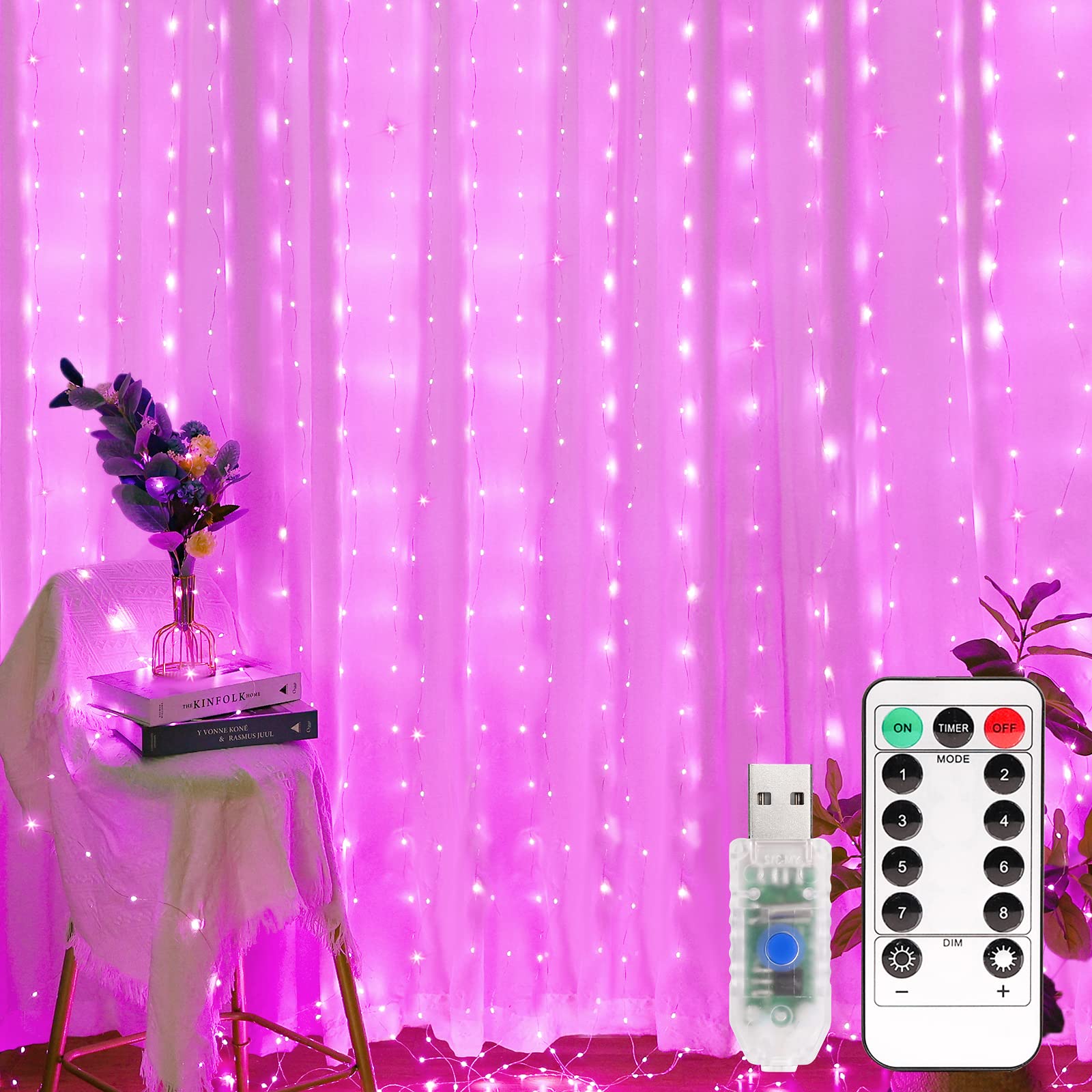Yizhet Curtain Lights 3m x 3m, Curtain Fairy Lights 300 Led Pink, 8 Modes, Waterproof, USB Powered with Remote Control & Timer for Bedroom, Wedding, Party