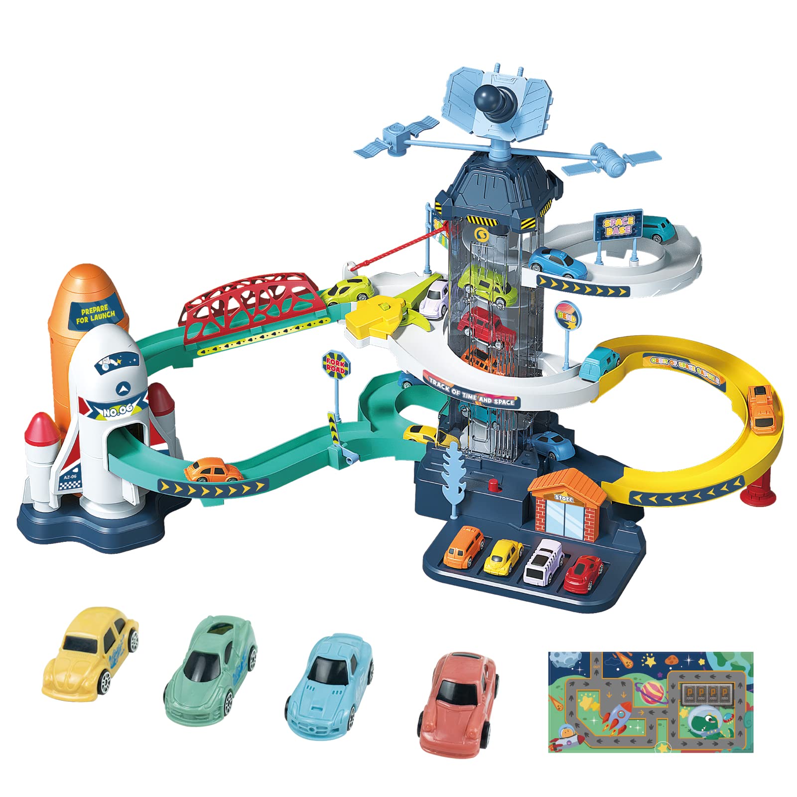 RedCrab Car Race Track Elevator Toy for Boys,Kids Space Toy Car Ramp Climbing Hills Parking Adventure Playset,Satellite Cars Garage Track with Electric Elevator Toy for Toddlers, 62 * 30 * 38 CM