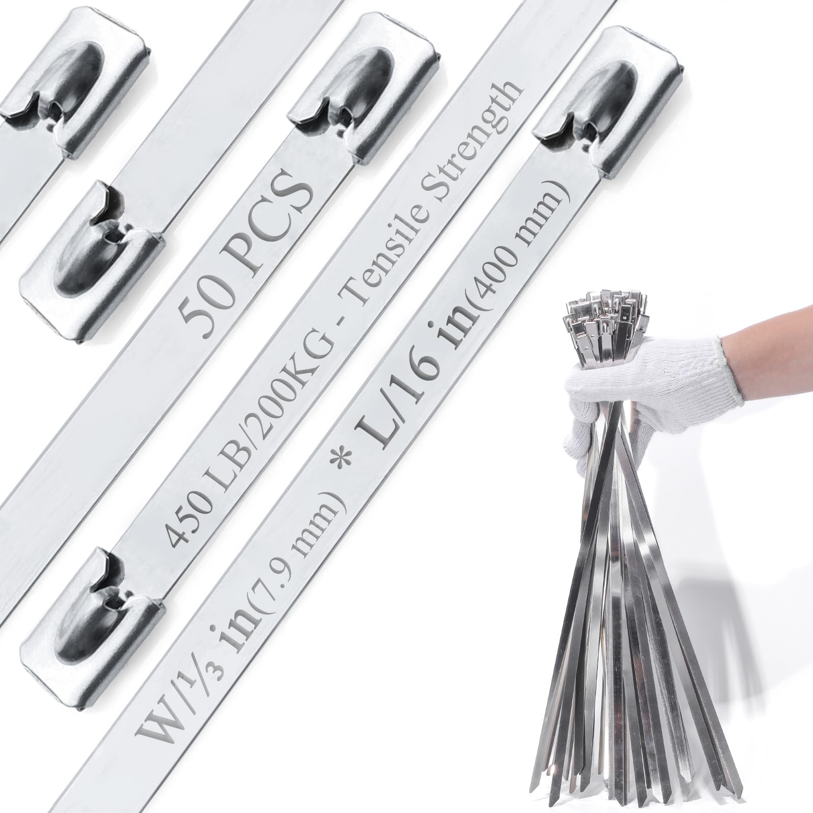 Metal Cable Ties, 304 Stainless Steel Zip Ties，(50Pcs) 450LB Heavy Duty (2X Stronger), Heat Resistant for Exhaust Wrap/Fencing/Pipes/Auto Repair, Replace Metal Wires. L/15.8" (400mm), W/0.31" (7.9mm).
