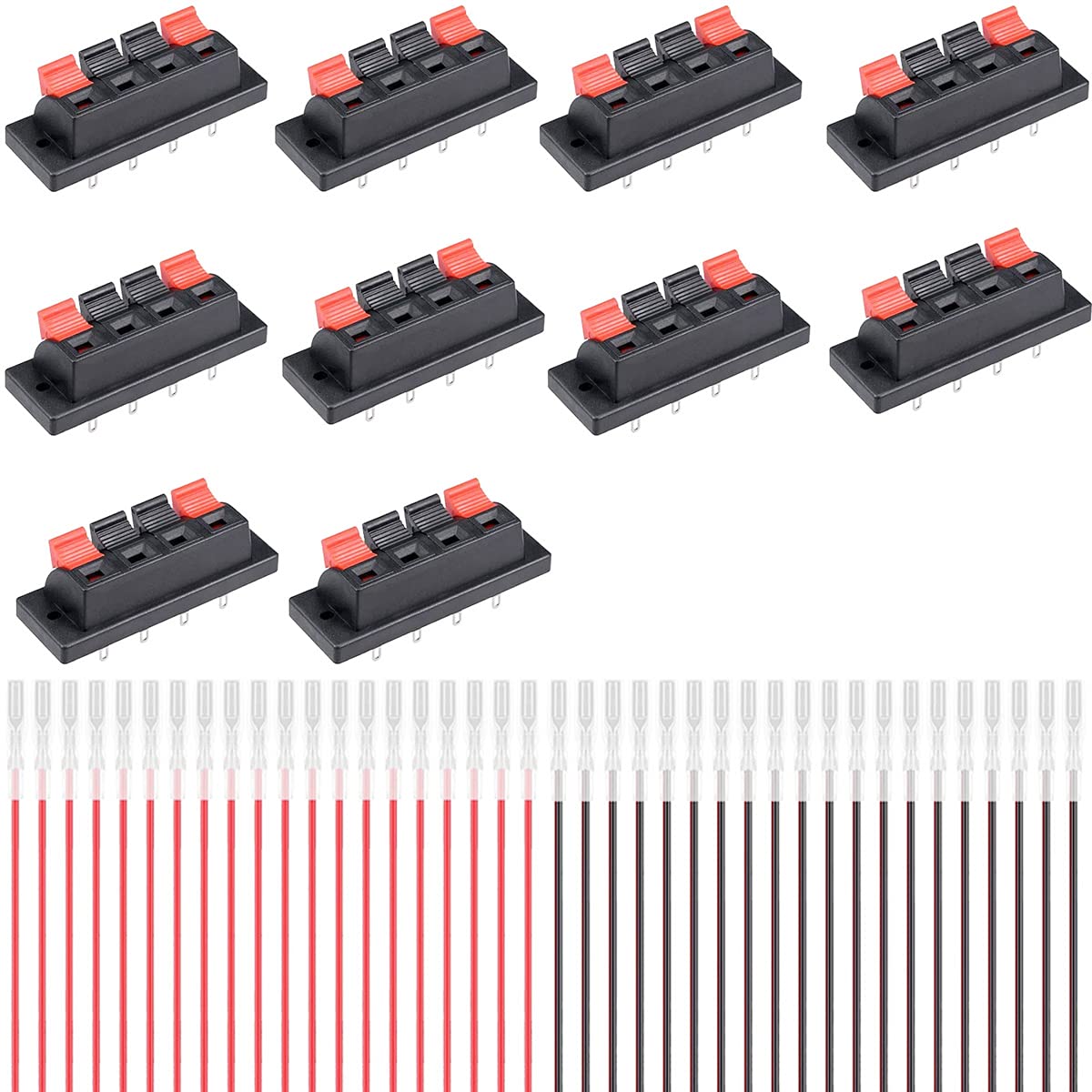 Youmile 10 pcs 4 Way Stereo Speaker Terminal Connectors High Current 8A Capacity Terminal Strip Block Spring Clips Jointing Clamp Test Clip with Red and black clip line