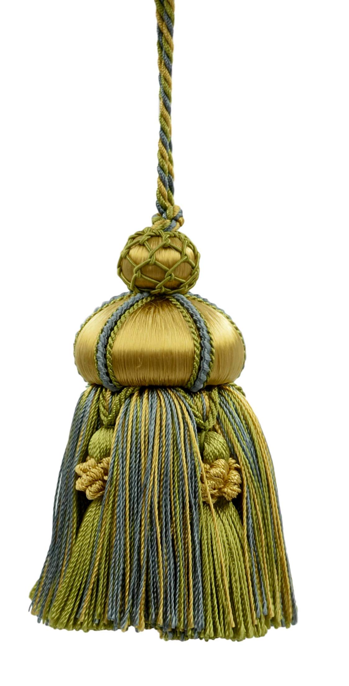 DÉCOPRO Elegant Hand-crafted 10cm (4") Key Tassel, 8.5cm (3 1/2") Loop, accented with Crown Tassels (Style# KTAX4) Seaside Green #LX04 (Yellow Green, Yellow Gold, Turquoise Blue) Individually Sold