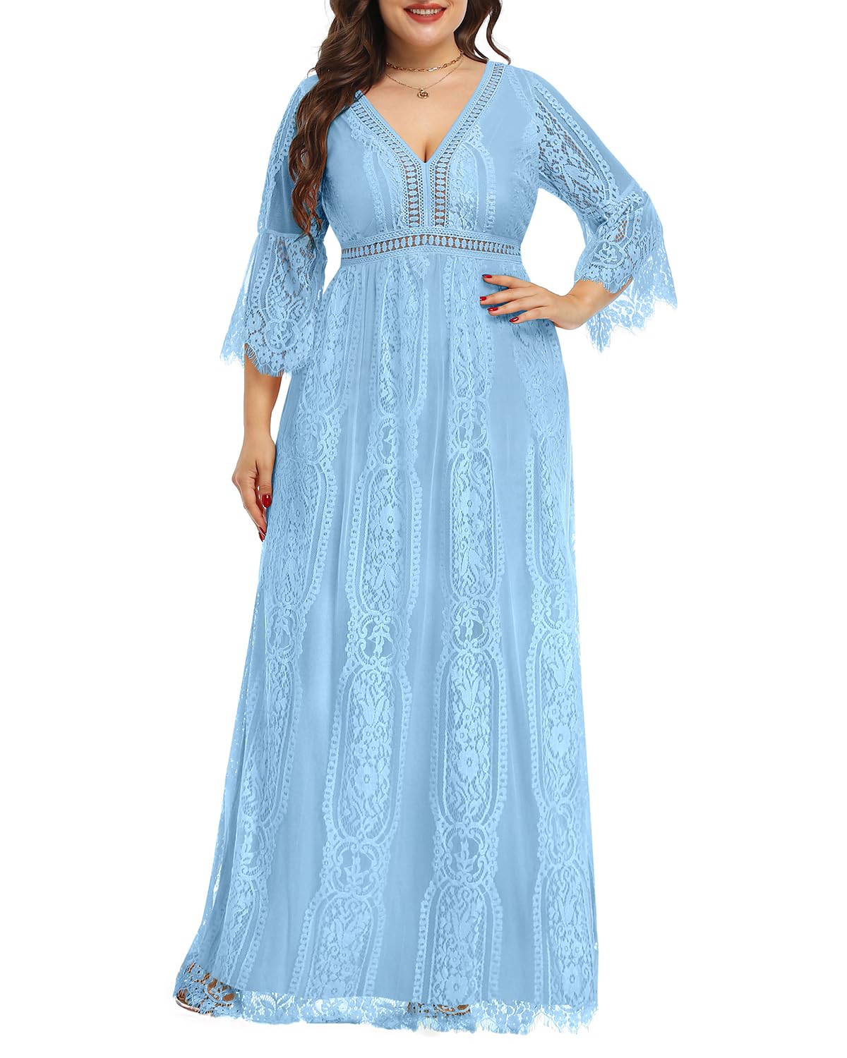 Photo 1 of Women Plus Size Bridesmaid Dresses Light Blue Mother Bride Groom Wedding Guest Boho Formal Lace Floor Length Dress 2025