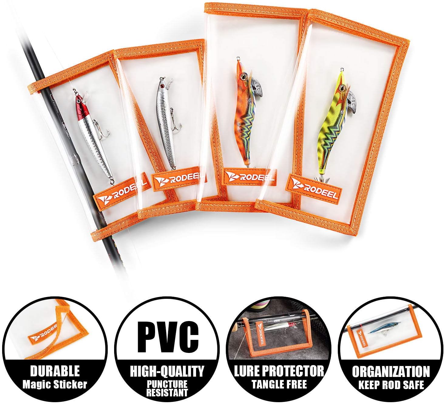 Rodeel Fishing Lure Wraps 4 Packs Clear PVC Lure Covers, with Hook Bonnets, Keeps Children, Pets and Fishermen Safe from Sharp Hook, Large Size: 8.5" x 4.4"，Medium Size: 7" x 3.8" : Sports & Outdoors
