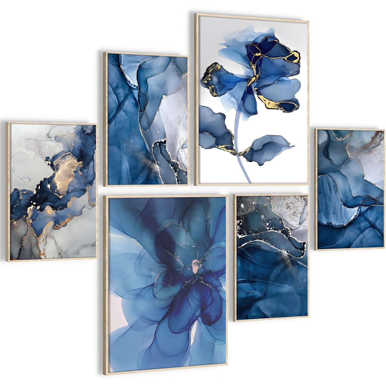 HONEYBABY Blue Canvas Wall Art for Living Room Modern Flower Framed Bathroom Wall Artwork Floral Nature Wall Art Pictures for Bedroom Walls Office Kitchen Hallway Set of 6 — image 1