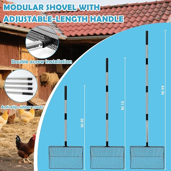 EVDKC 15″ LARGE CHICKEN COOP SCOOPER FOR SAND – HEAVY DUTY STAINLESS STEEL POOP SCOOPER WITH 38-64″ TELESCOPING HANDLE – ADJUSTABLE POULTRY MANURE RAKE & SIFTER SHOVEL FOR EASY CLEANING