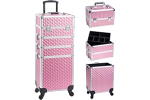 Adazzo 4 in 1 Rolling Makeup Trolley Train Case Cosmetic Suitcase, Box for Makeup Artist, Hairstylists, Nail Tech Students Barber Case with Keys Swivel Wheels - Shiny Pink