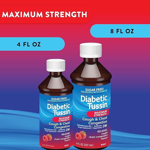 DIABETIC TUSSIN DM MAXIMUM STRENGTH COUGH AND CHEST CONGESTION RELIEF LIQUID COUGH SYRUP, SAFE FOR DIABETICS, BERRY FLAVORED, 4 FL OZ (PACK OF 1)
