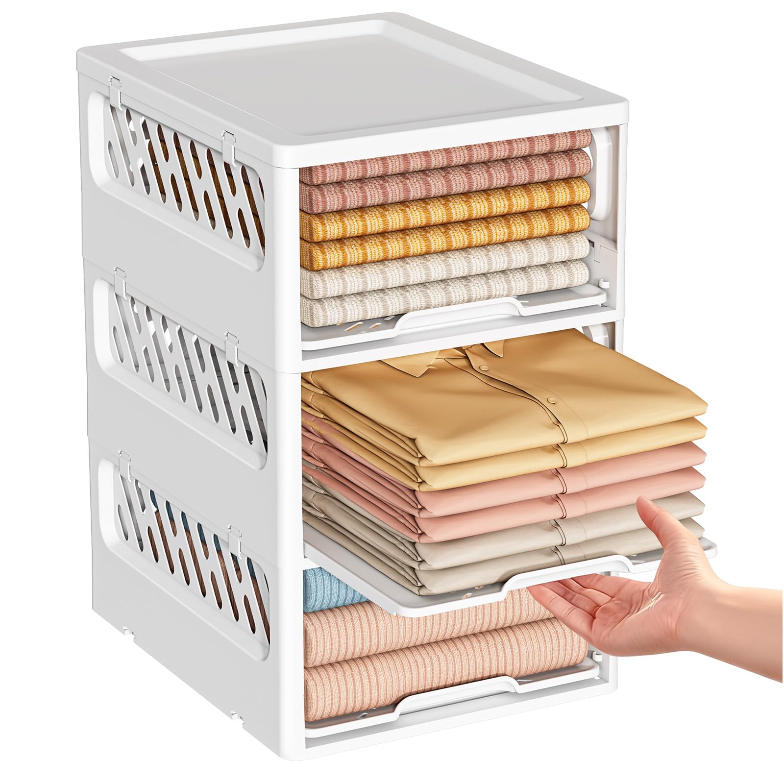 caktraie 3 Pack Stackable Closet Storage Basket - Stackable Storage Bins, Multifunctional & Foldable Closet Organizer Divided, Wardrobe Cupboard Space-Saving Clothes Storage Hat Organizer, White Image