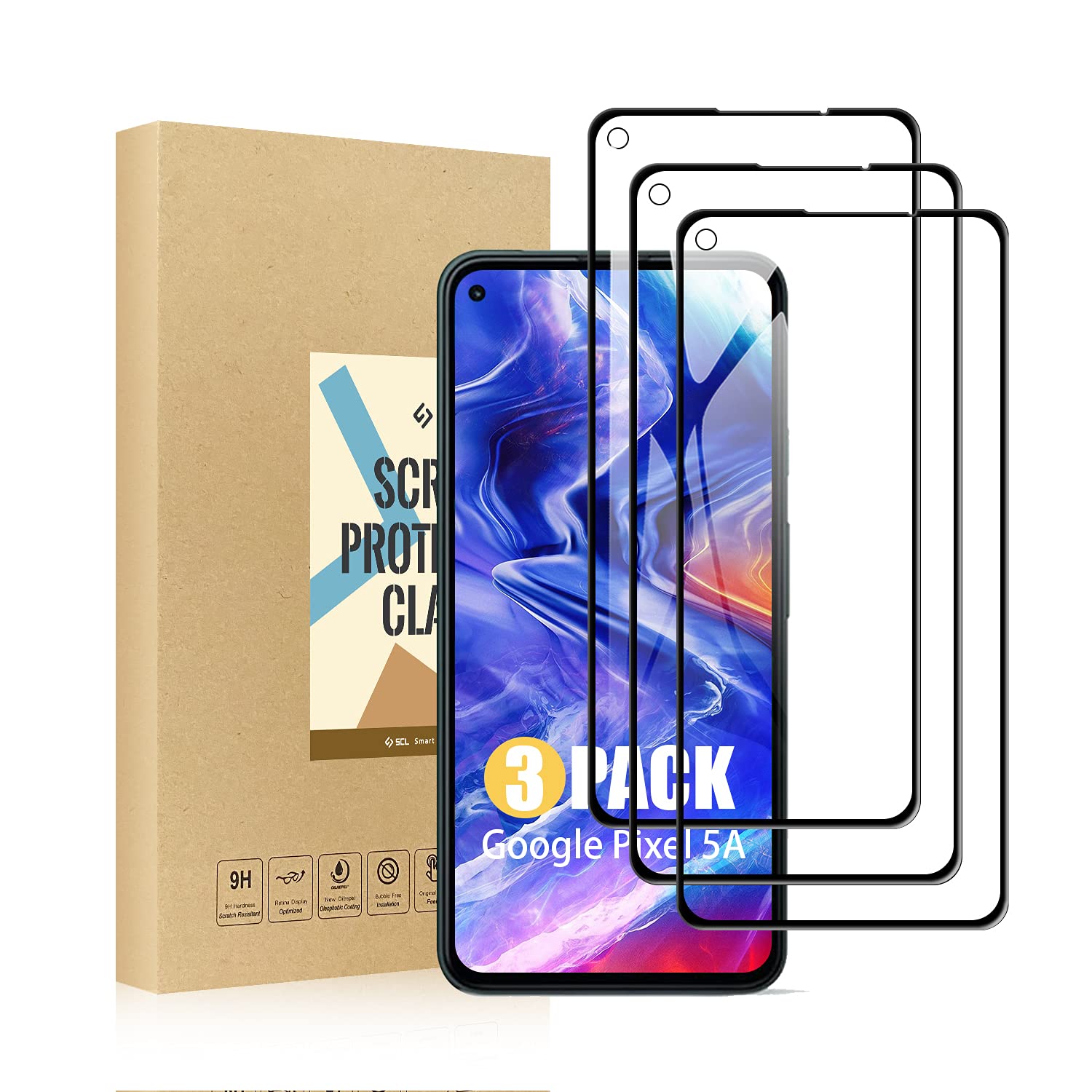 SCL Screen Protector Compatible with Google 5A Screen Protector Google Pixel 5A Tempered Glass Film [3-Pack], [3D Curved Full Coverage, Easy Installation, Bubble-free, 9H Hardness]