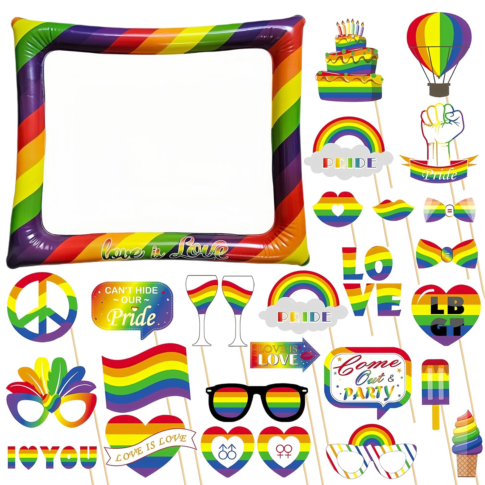 Rainbow Inflatable Selfie Frame Photo Booth with 26Pcs Props, Gay Pride LGBTQ Blow Up Picture Frame Kit for Pride Day Rainbow Party Decorations