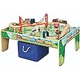 50 Piece Wooden Train Set with Activity Table & Storage Bin - 100% Hardwood Track, Engine, Oil Tanker, Caboose, Fire Engine, Station, Policeman, Farm Animals. Compatible with All Major Brands