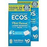 ECOS Laundry Detergent Packs, 80 Loads - 100% Plastic Free Packaging - Convenient No Mess Washing Soap Packs - Hypoallergenic for Sensitive Skin - Free &amp; Clear
