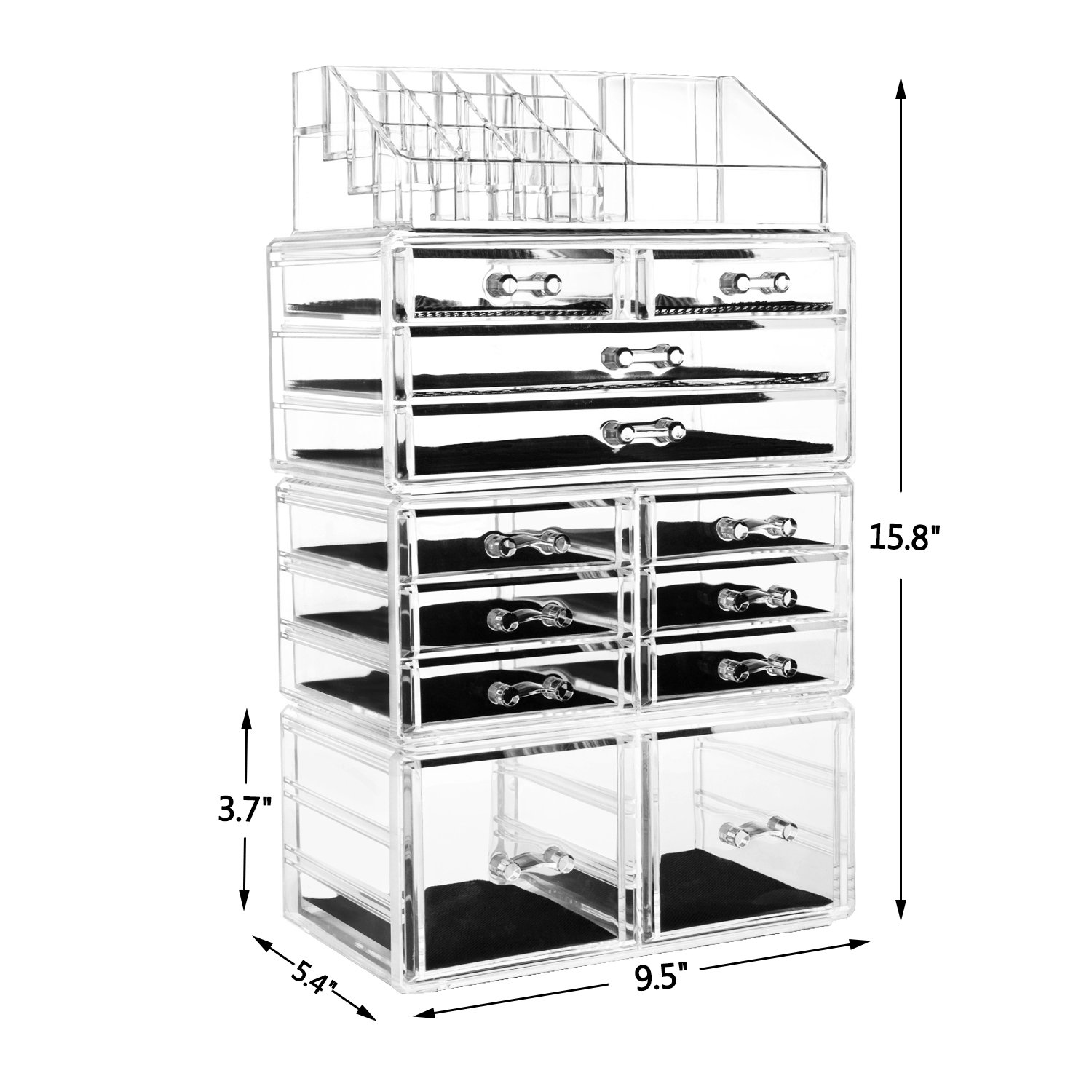 HBlife Makeup Organizer Acrylic Cosmetic Storage Drawers and Jewelry Display Box with 12 Drawers, 9.5" x 5.4" x 15.8", 4 Piece, Clear: Beauty