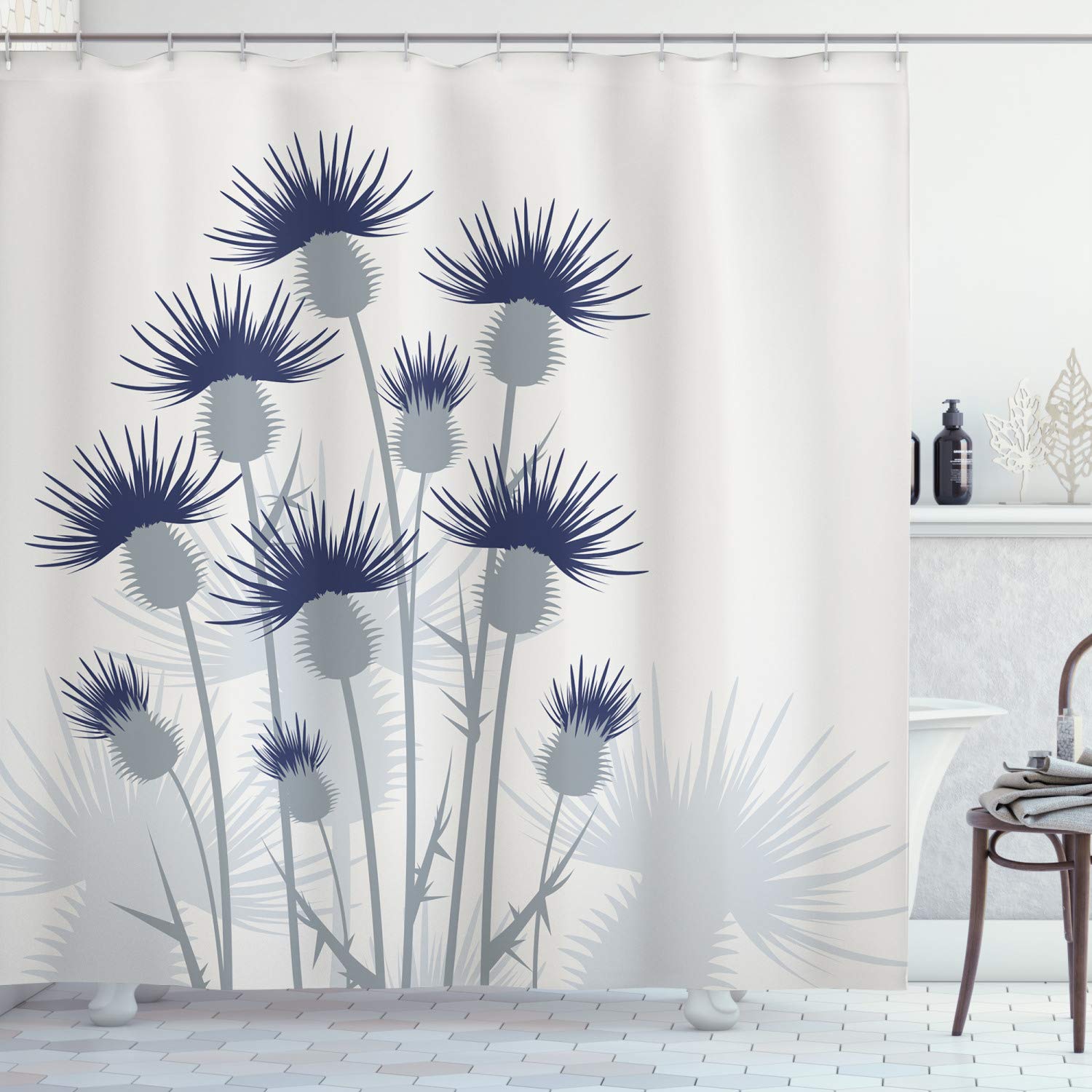 ABAKUHAUS Thistle Shower Curtain, Gardening Theme Abstract Graphic Thistles Flowers Design, Cloth Fabric Bathroom Decor Set with Hooks, 78 Inches, Sage Green Grey