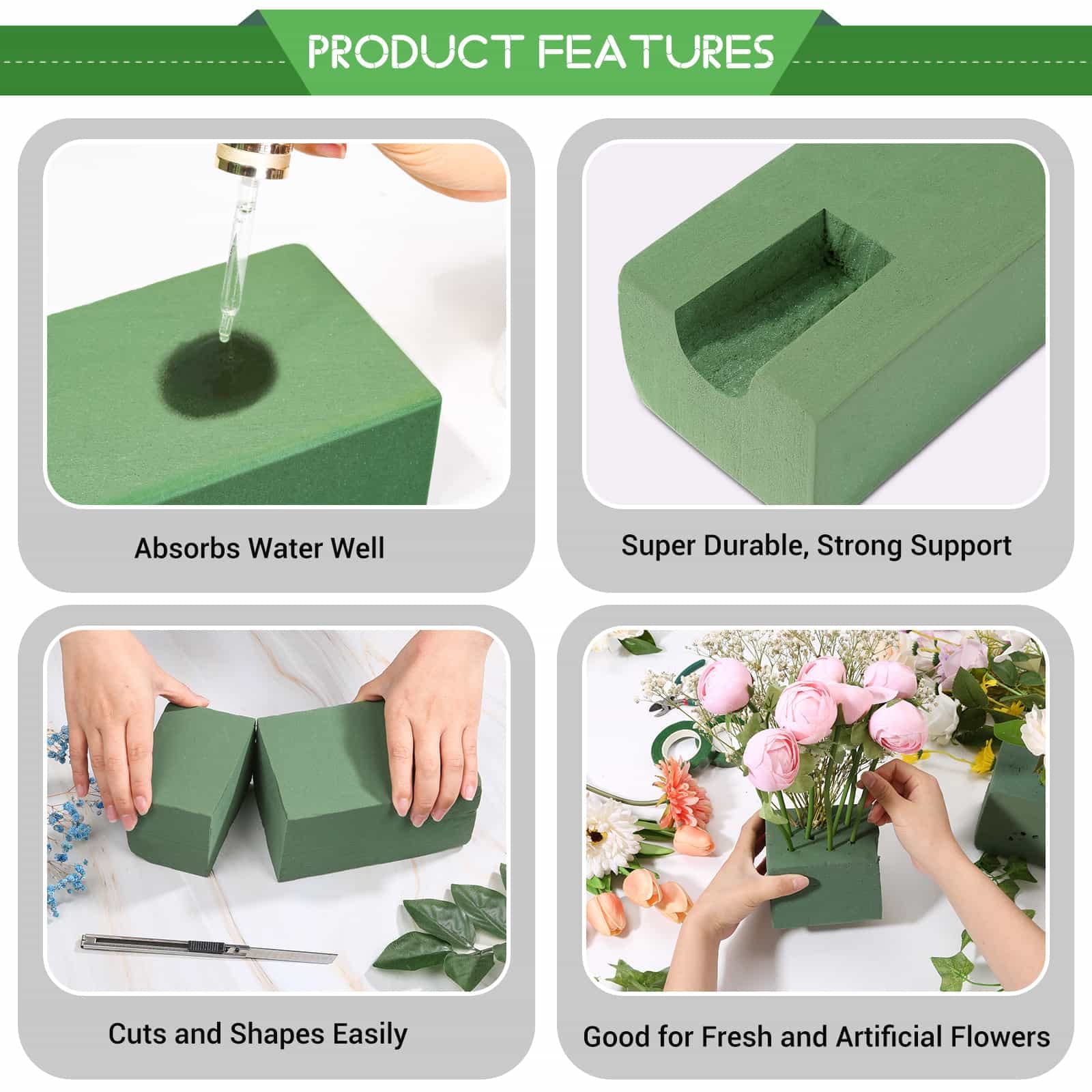 6 Pcs Floral Foam Blocks for Flower Arrangement (Larger Size 9” Lx4.3” Wx3” H) Wet and Dry Green Floral Foam for Wedding, Birthdays, Home Decorations