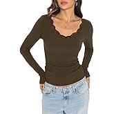 EasyGala Womens Cotton Ribbed Long Sleeve Shirts Lace V Neck T Shirts Fitted Sexy Going Out Tops Casual Fall Outfits