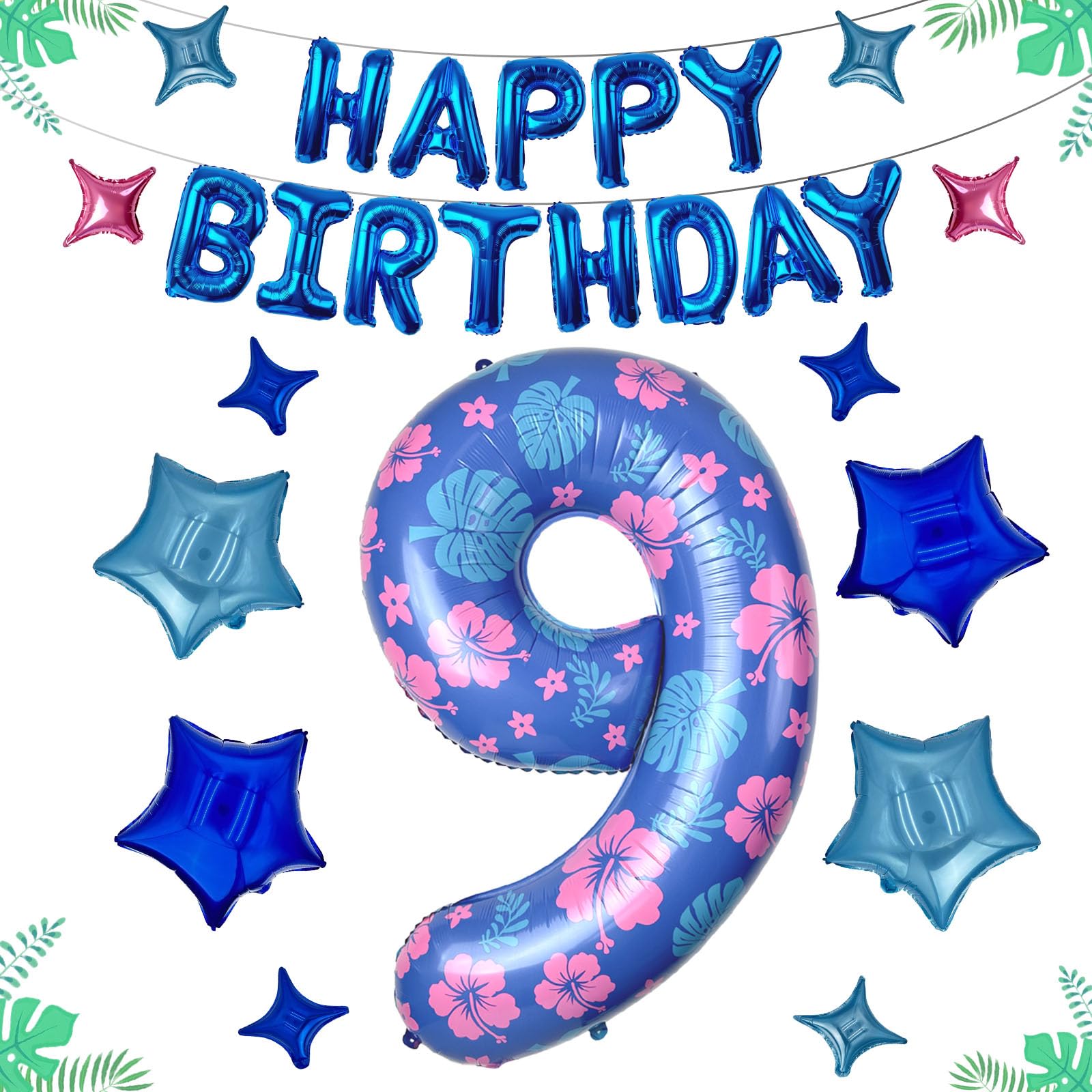 Photo 1 of 40 Inch Number 9 Balloon Set, 26Pcs Large Pastel Blue and Pink Leaf and Flower Foil Metallic Balloons, 9th Birthday Decorations for Kids' Parties Hawaii Party Supplies