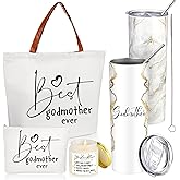 Domensi 4 Pack Godmother Proposal Gifts Set Mother Day Included 20oz Stainless Steel Tumbler Cup with Straw and Lid Best Godmother Ever Gift Tote Bag Makeup Bag Scented Candle Mom Gifts(White)