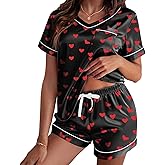 RUEWEY Women Satin Silk Pajamas Lounge Set Heart Print Short Sleeve Tops and Shorts 2 Piece Outfits Sleepwear