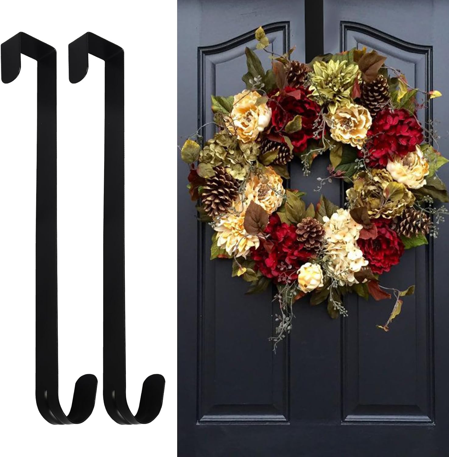 Wreath Hangers - ShangTianFeng 2Pcs 12 Inch Wreath Hangers for Front Door，Black Wreath Hanger, Door Hanger, Metal Door Hanger Hook, Heavy Duty Wreath Hangers for Front Door, Halloween Christmas Easter Wreath Hanger