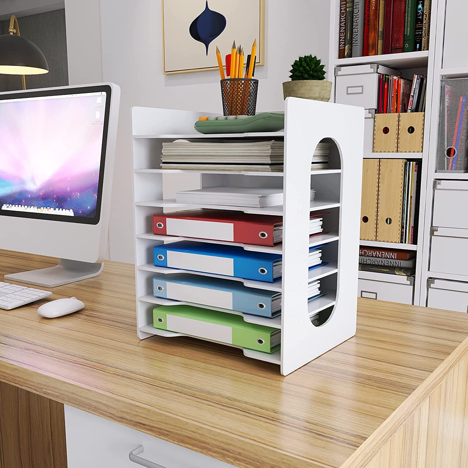 PUNCIA 7 Tiers Paper Tray A4 Desk Tidy Organiser Desktop White Filing Holder Office Mail Letter Sorter Document Notebooks Storage Rack for Home Office School Classroom