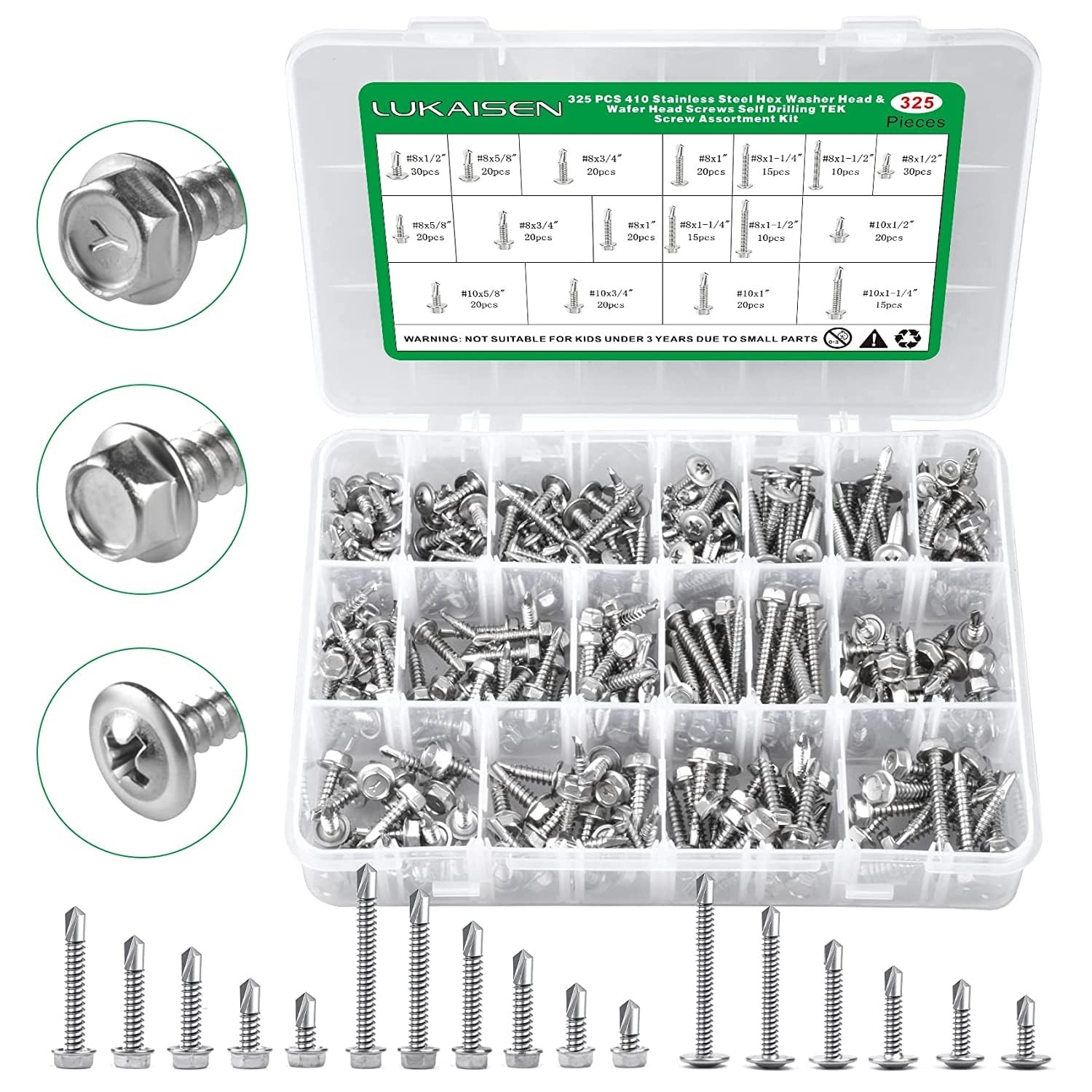 325Pcs Self Drilling Screws Assortment Kit, 410 Stainless Steel Self Tapping Sheet Metal TEK Screws for Metal, Truss & Hex Washer Head #8#10-1/2",5/8",3/4",1",1-1/4",1-1/2" — image 1