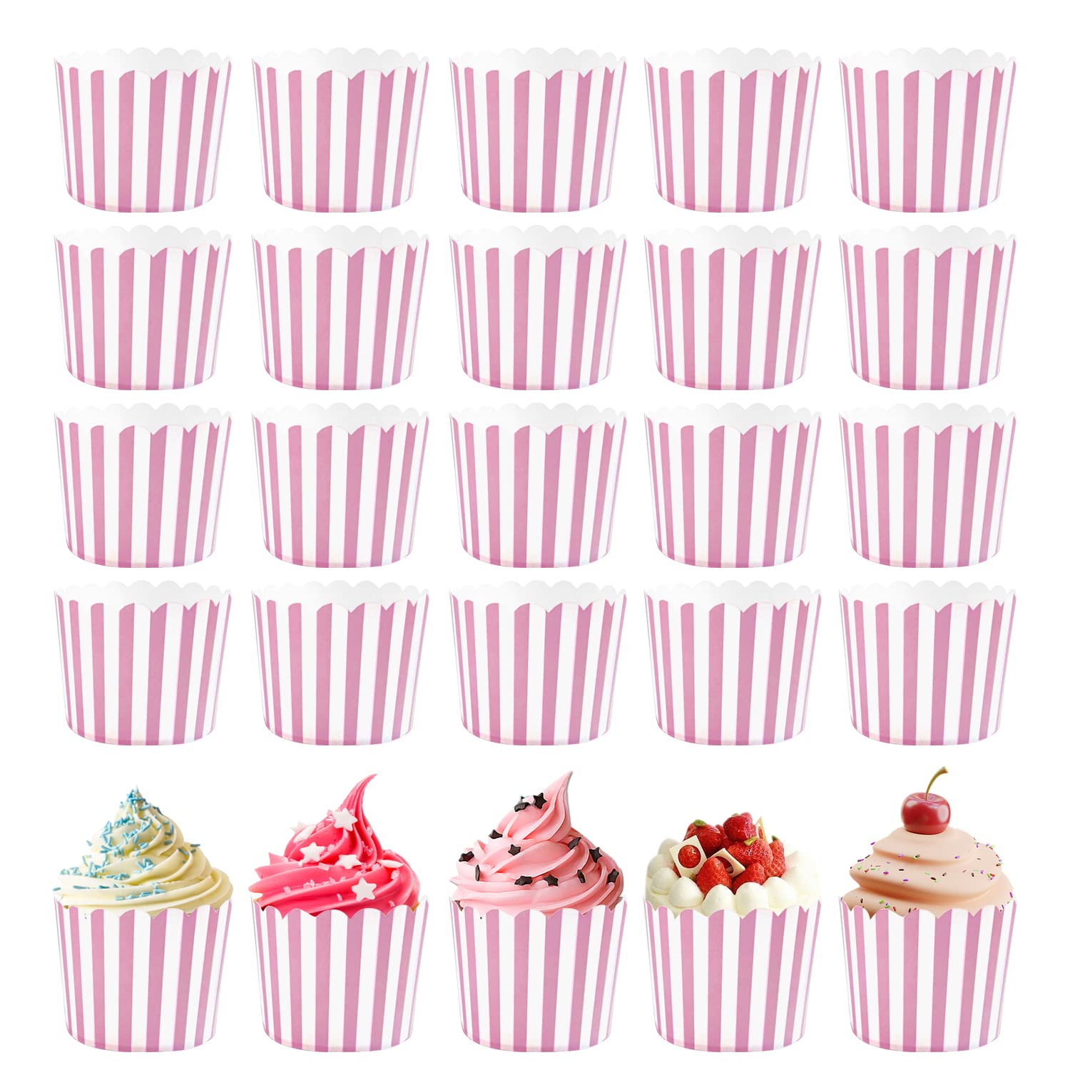 50 Pieces of Pink and White Striped Paper Cups, Cake Paper Cups, Baking Decorations, Muffin Cake Making Accessories, Suitable for Cakes, ice Cream, Desserts, for Weddings, Birthday Parties, etc.