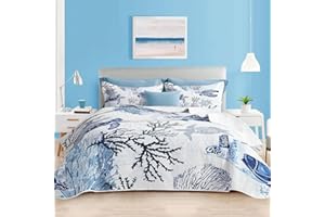 WEESIRE Coastal Bedding King Size Coastal Quilt with 2 Shams, Nautical Bedding Beach Comforter Sets Ocean Bedspreads Blue Seaturtle Coverlet Summer Bedding, 96''x106''