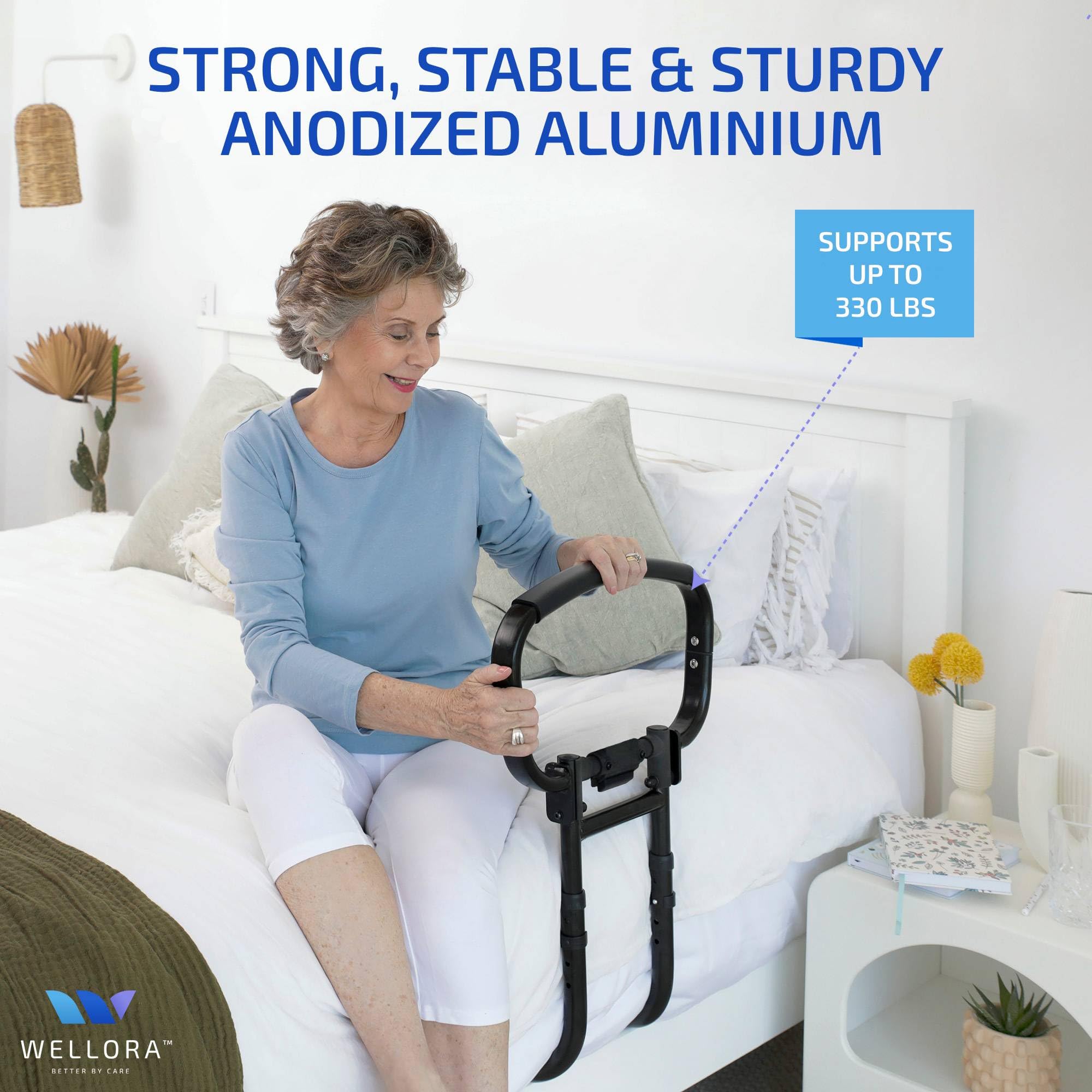 Sturdy Bed Rails for Elderly Adults Safety - Foldable & Adjustable Bed Rail - Supports up to 330lbs - Free Motion Light & Storage Bag - Fit King, Queen, Full, Twin - Bed Guard Rail for Seniors WELLORA