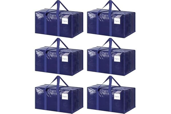 6 Pack Extra Heavy Duty Large Moving Bags with Strong Zipper & Comfortable Handles, Sturdy & Durable Clothes Storage Bags Totes Bins, Blue Packing Moving Boxes for College Supplies, Dark Blue