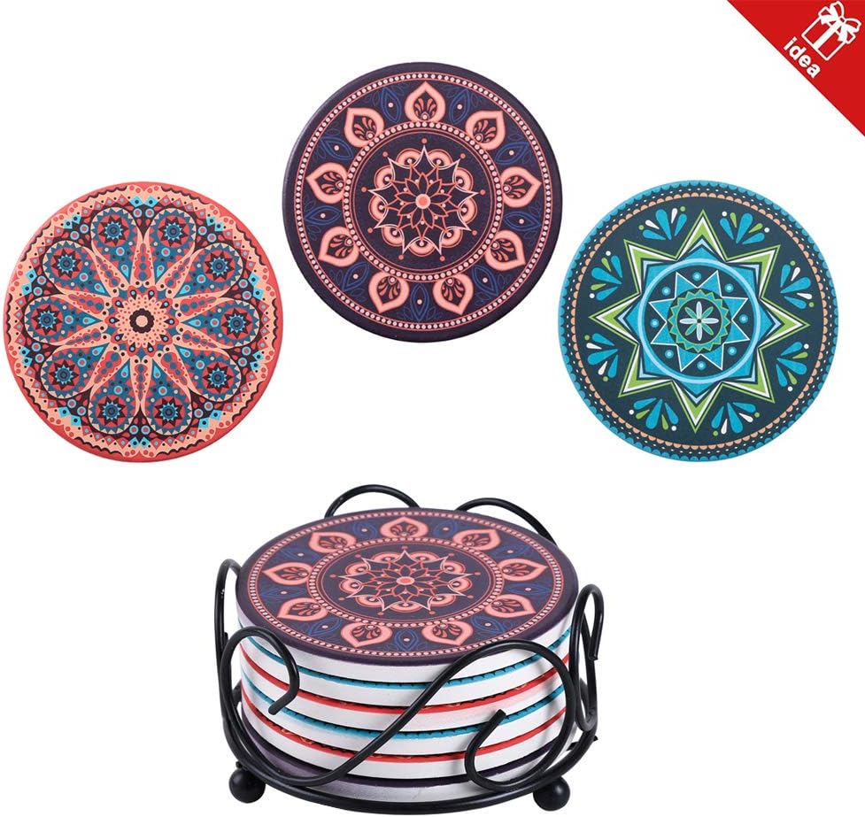 Newbye Absorbent Ceramic Coasters for Drink Water Cup Cork Back with Holder 4" Mix Pattern Desktop Protection Coaster Novelty Gifts for Housewarming,Friends,Hostess Room,Party,Bar Deco Set of 6