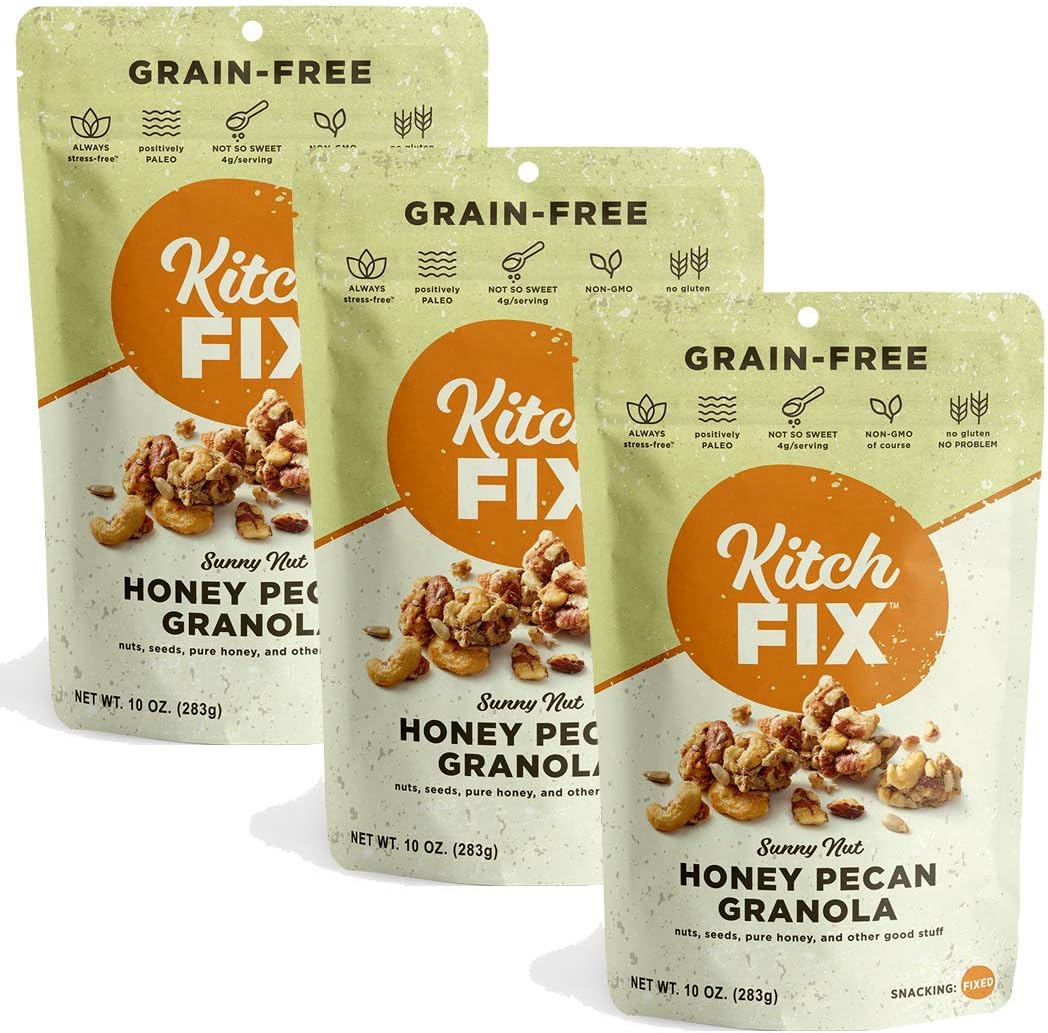 Kitchfix Grain-Free Paleo Granola 10oz 3-Pack | Plant-based protein from nuts and seeds | Gluten-Free, Low Sugar, Low Carb Granola | Roasted in pure coconut oil | Honey Pecan