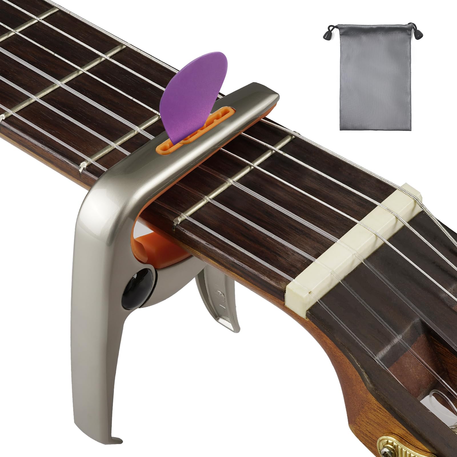 Musiin 3IN1 Guitar Capo, Zinc Alloy Metal Capo for Acoustic and Electric Guitars, Ukulele, Mandolin, Classical Guitar Accessories (Champagne Gold/Orange)